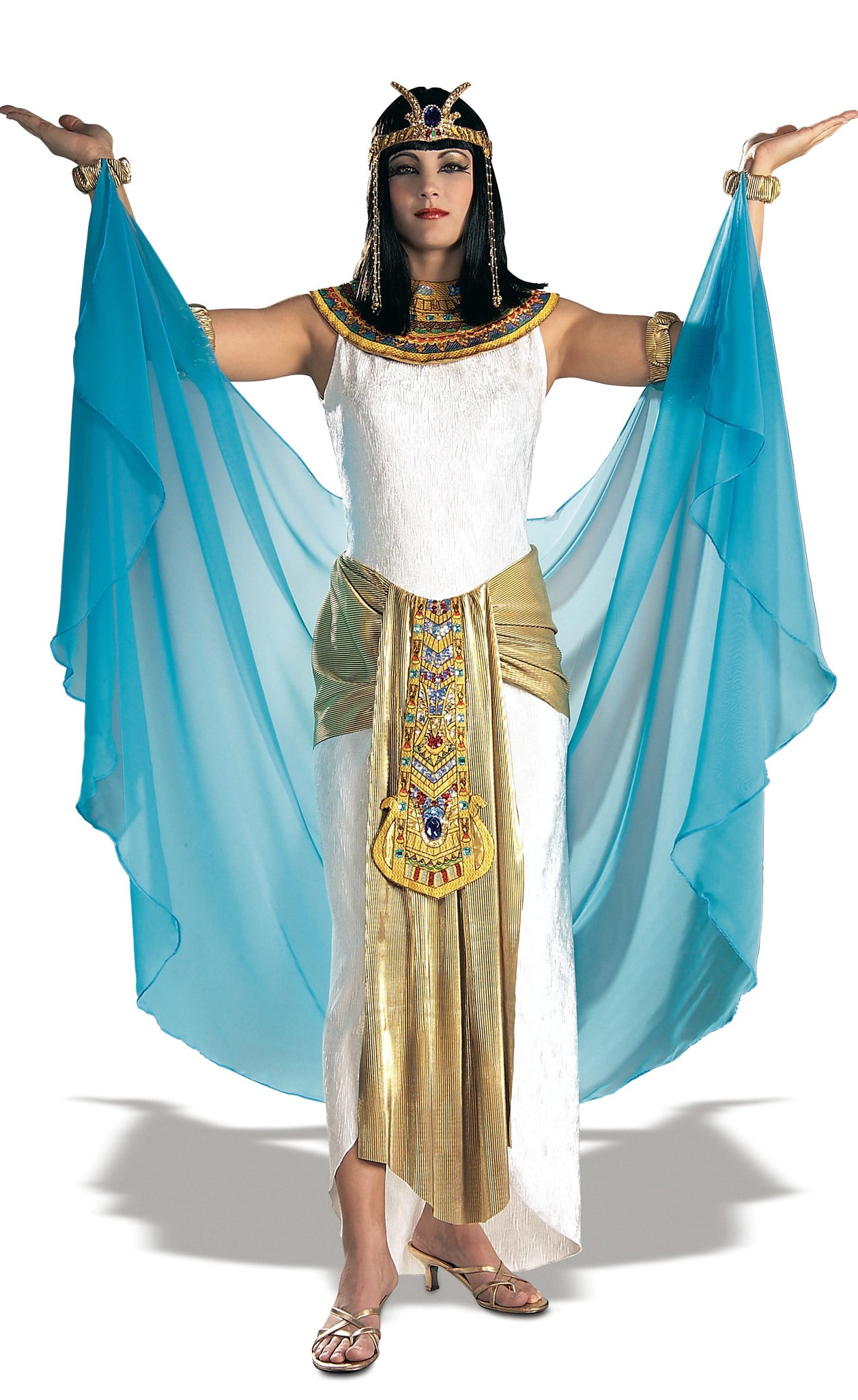 Long white Cleopatra dress with blue hip scarf, headpiece and arm cuffs