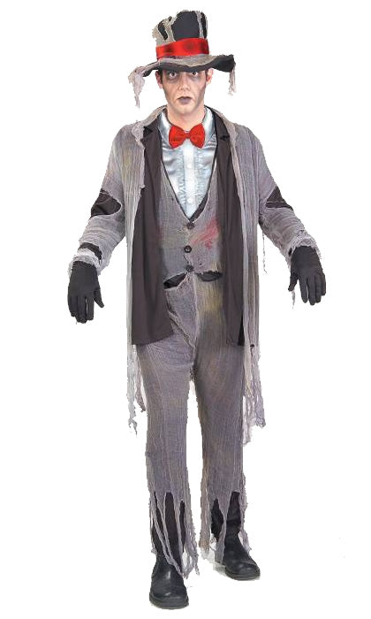 Men's zombie costume with jacket, jumpsuit, hat and red bowtie
