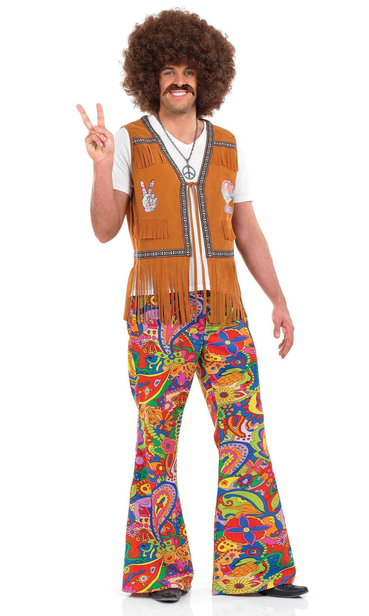 Brown hippie vest and bright trippy flare pants