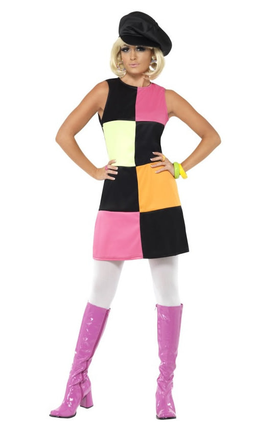 Checkered pink, yellow and black dress with black hat