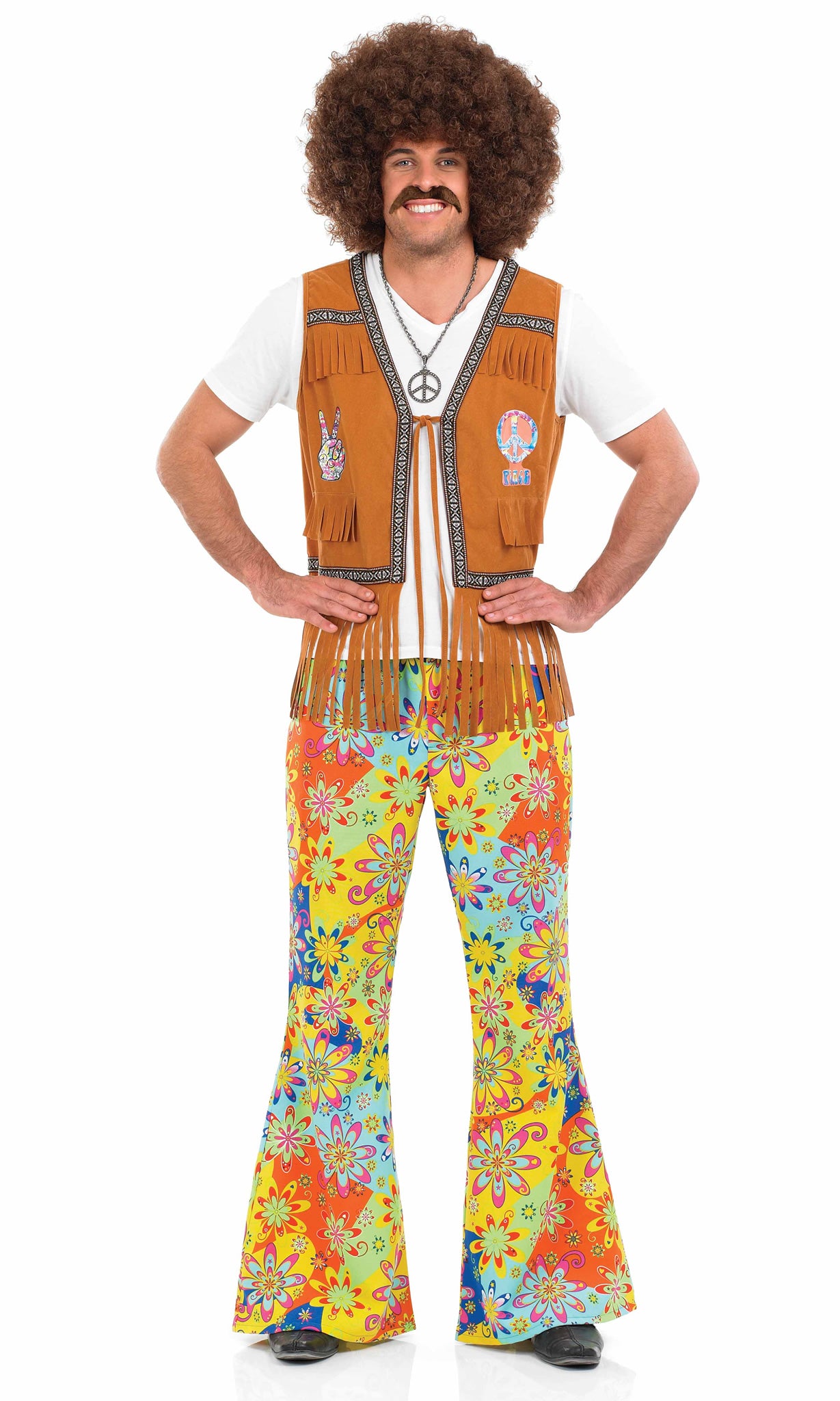 Tasselled 60s hippie costume with brown vest and psychedelic pants