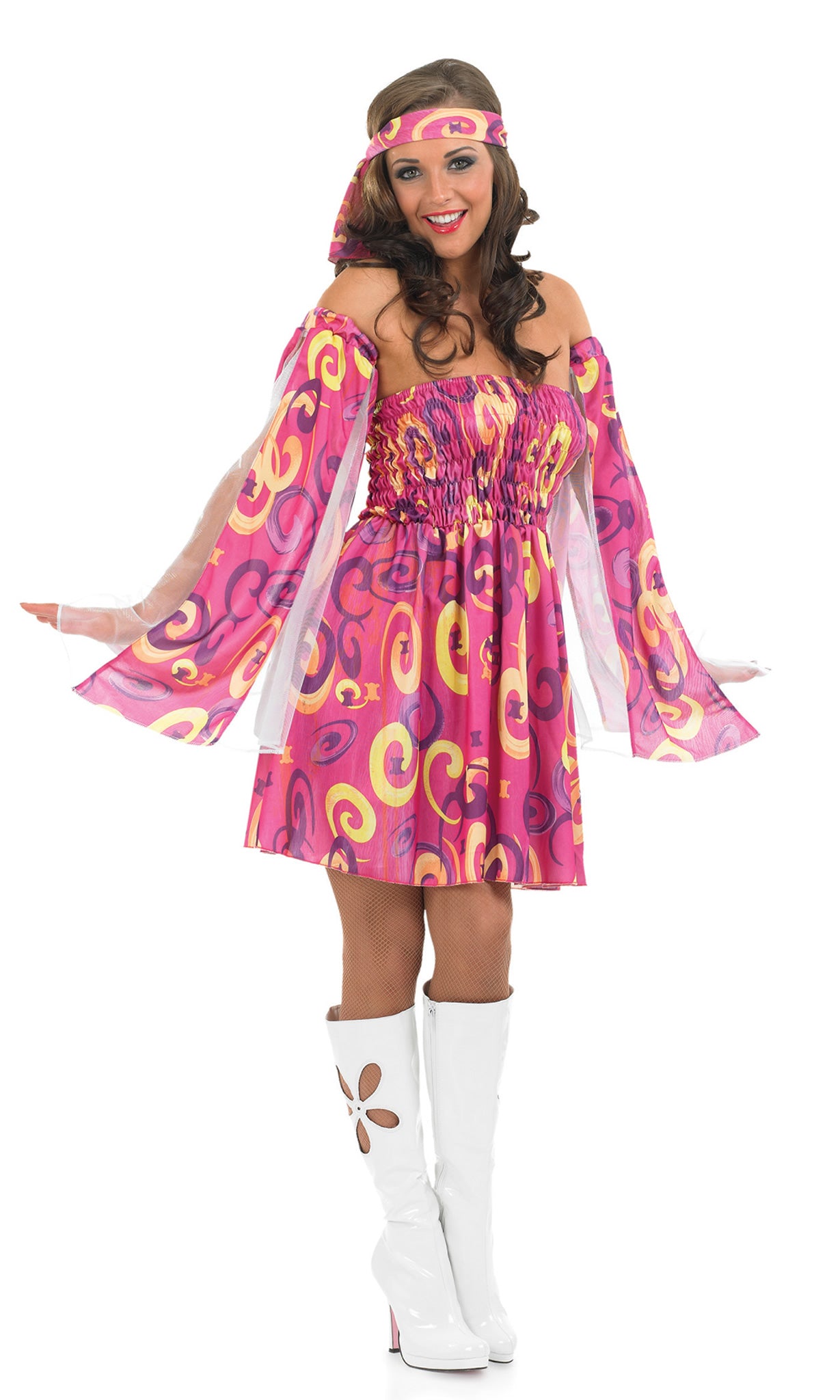 1960s pink and yellow swirl dress with matching headband and arm sleeves