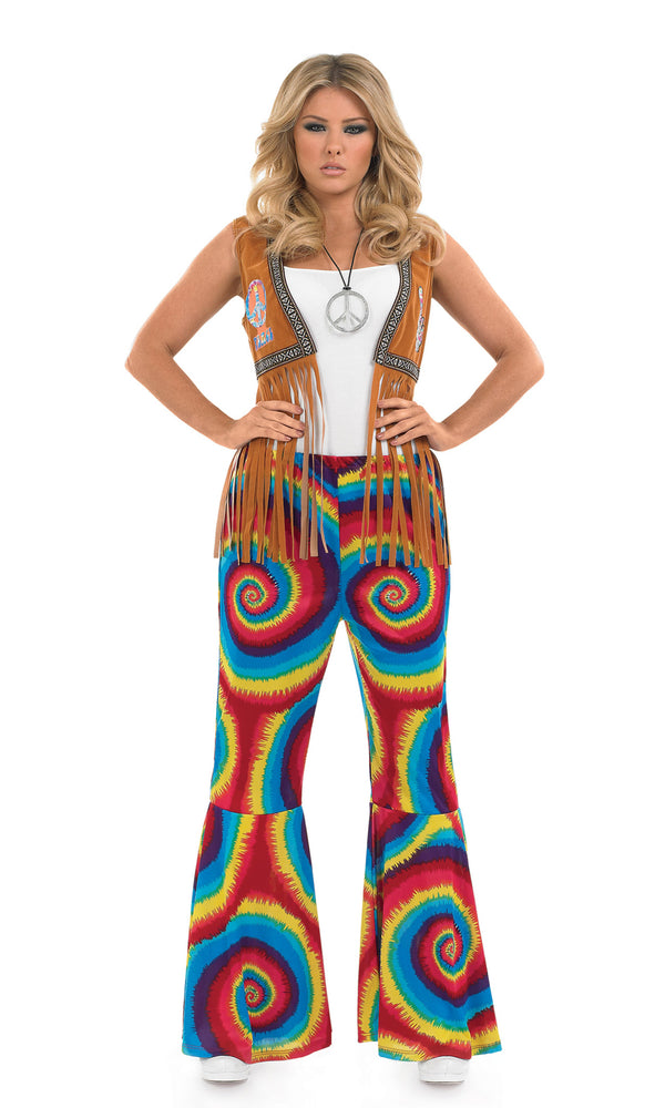 60s tie dye hippie costume with brown tasselled vest and tie dye flared pants