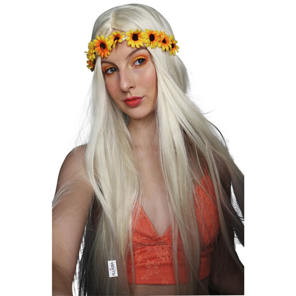 Long blonde 60s hippy wig with flower headband
