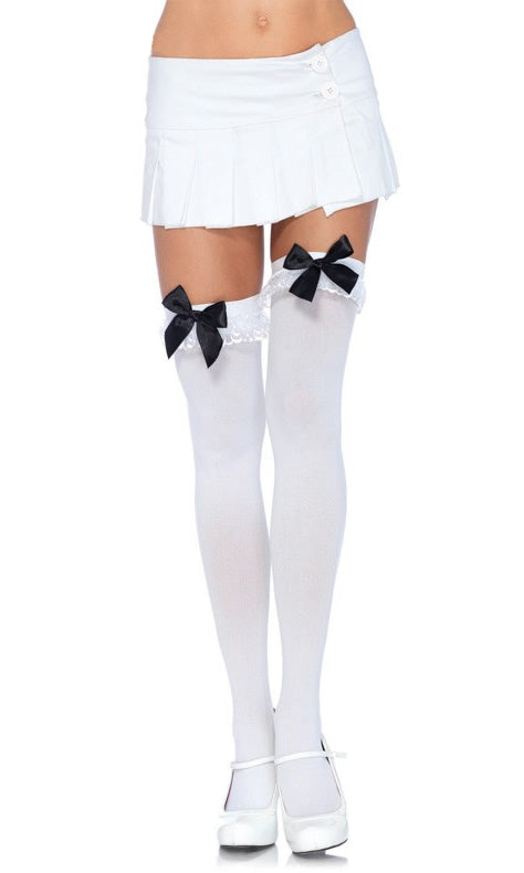 White stockings with ruffle and black bows
