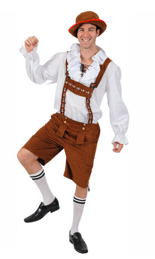 Men's brown lederhosen with white shirt and brown hat
