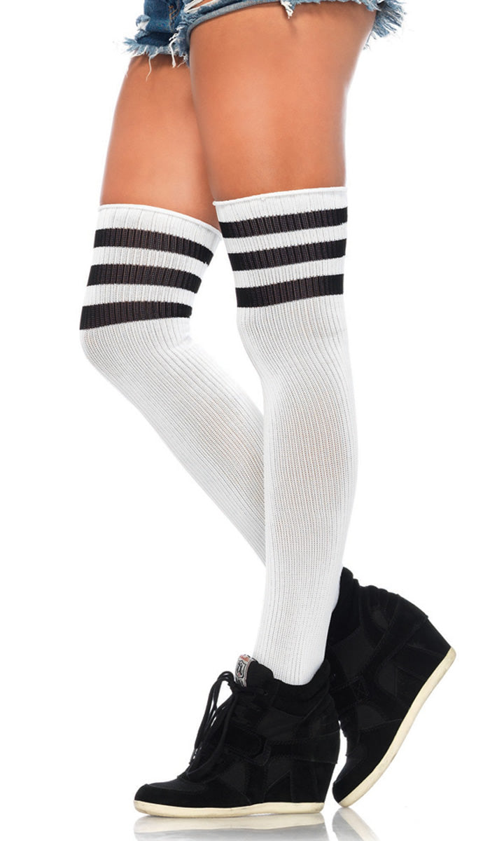 White athlete over the knee socks with black stripes