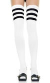 Front of white athlete over the knee socks with black stripes