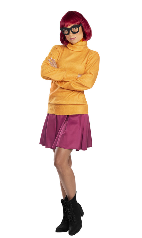 Orange and purple Velma Dinkley costume with glasses