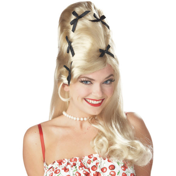 Large blonde beehive wig with black bows