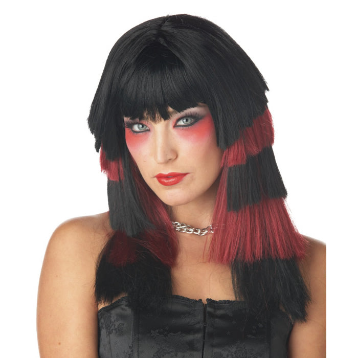Long black and red chop style woman's wig