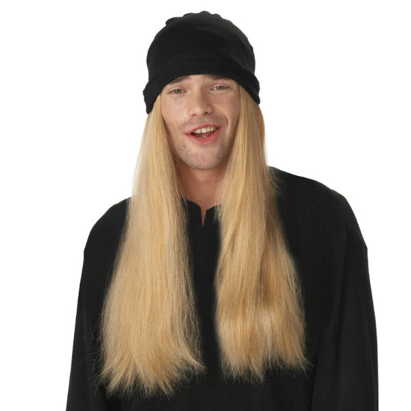 Long blonde slacker wig with beanie