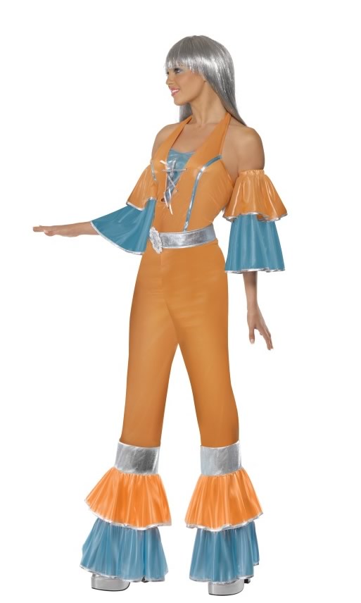 Side of long orange and blue 70s Abba style women's jumpsuit