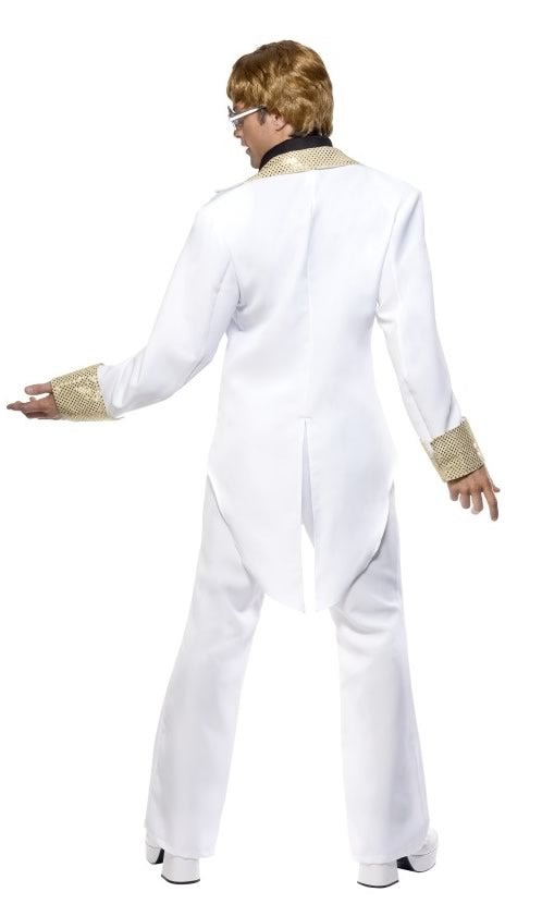 Back of Elton John white suit with gold trim and tie, with attached shirt front, wig and glasses