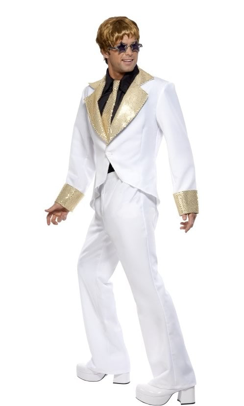 Side of Elton John white suit with gold trim and tie, with attached shirt front, wig and glasses