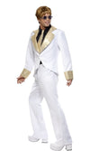 Side of Elton John white suit with gold trim and tie, with attached shirt front, wig and glasses
