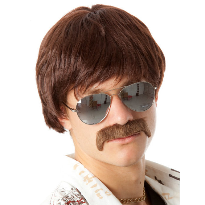 1970s detective style brown men's wig and tash
