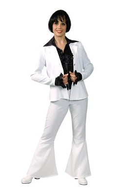Woman's white 70s fever disco suit with flared pants