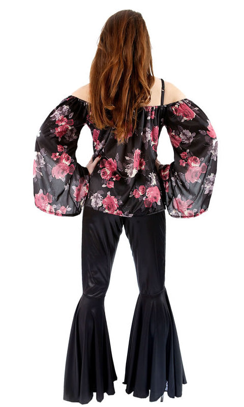 Back of black 70s costume with flare pants and pink flowers