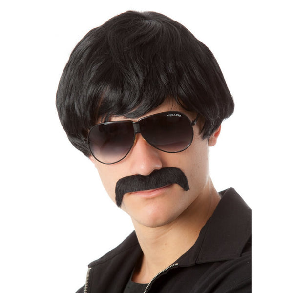 1970s detective style black wig and tash