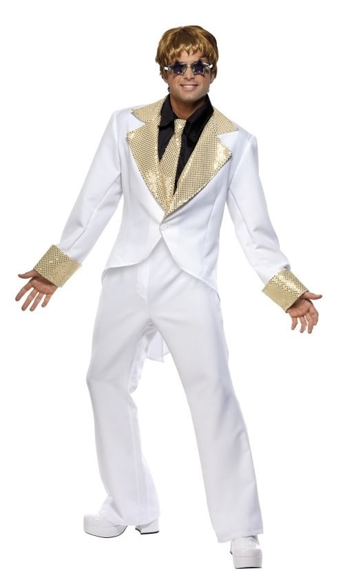 Elton John white suit with gold trim and tie, with attached shirt front, wig and glasses
