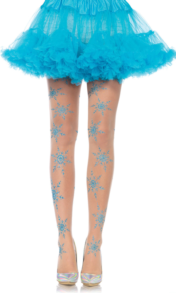 Sheer glitter stockings with blue snowflakes