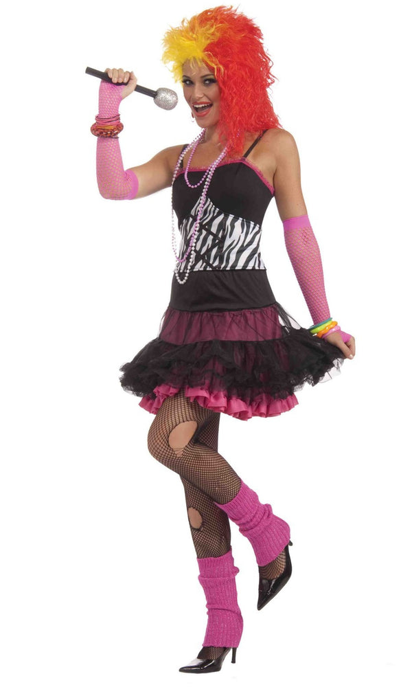 Cyndi Lauper style pink and black costume with reversible petticoat skirt and leg warmers