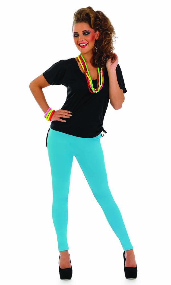 80s girl costume with teal pants, black top, bracelets and necklaces