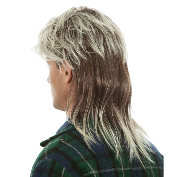 Back of 80s MacGyver style blonde mullet wig