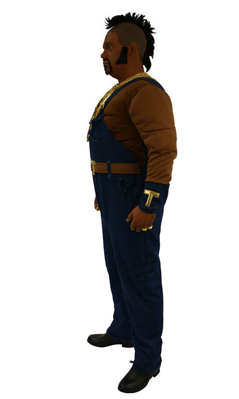 Side of Mr T dungaree costume with muscle top and Mohican wig