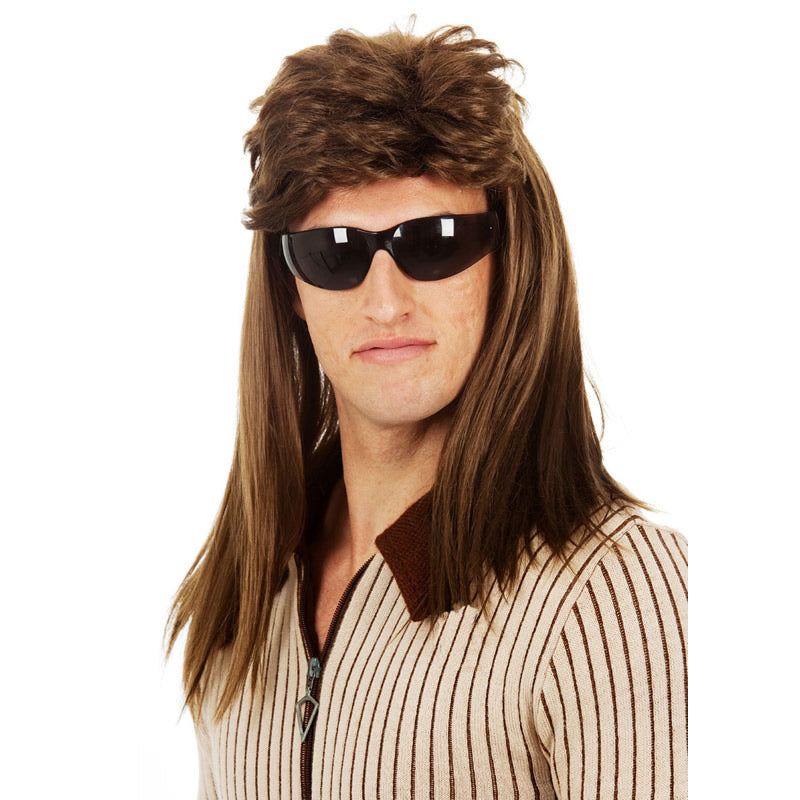 Long brown bogan mullet wig