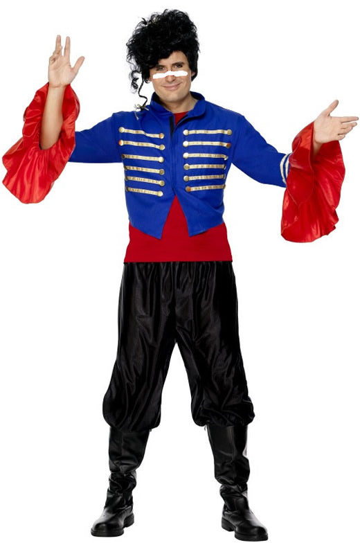 Adam Ant blue jacket with red top and flared sleeves, with 3/4 blank pants