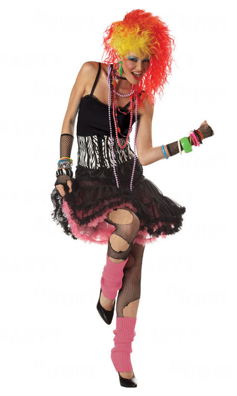 Cyndi Lauper black and pink 80s dress with corset belt, leg warmers and gloves