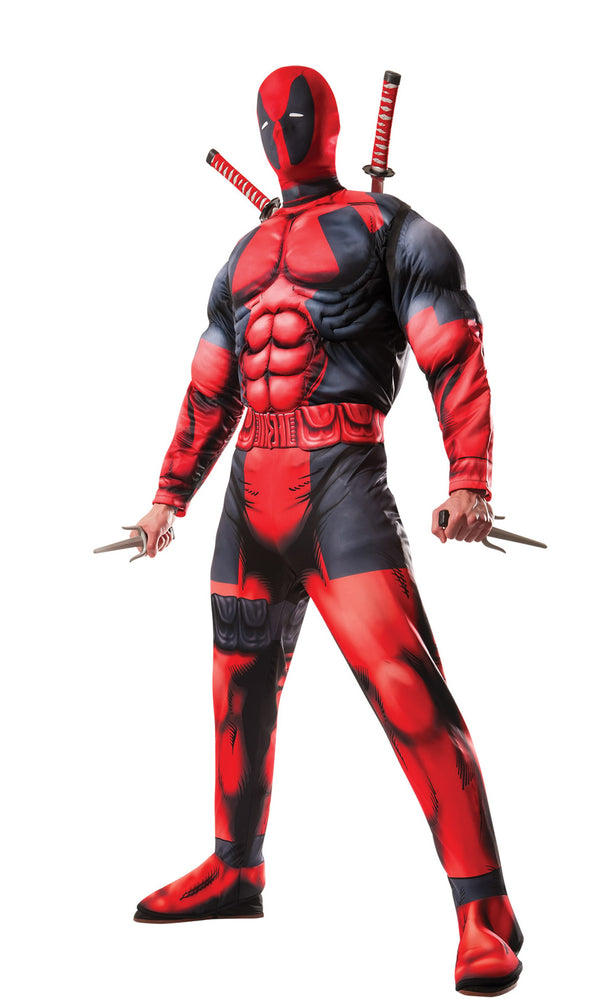 Black and red jumpsuit with attached boot covers, belt and hood