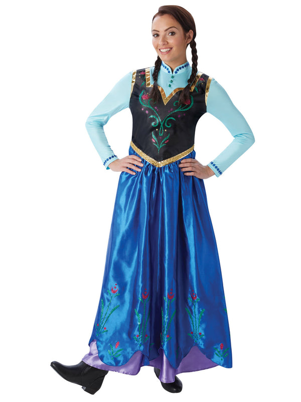 Side of long blue Anna Frozen dress with red cape
