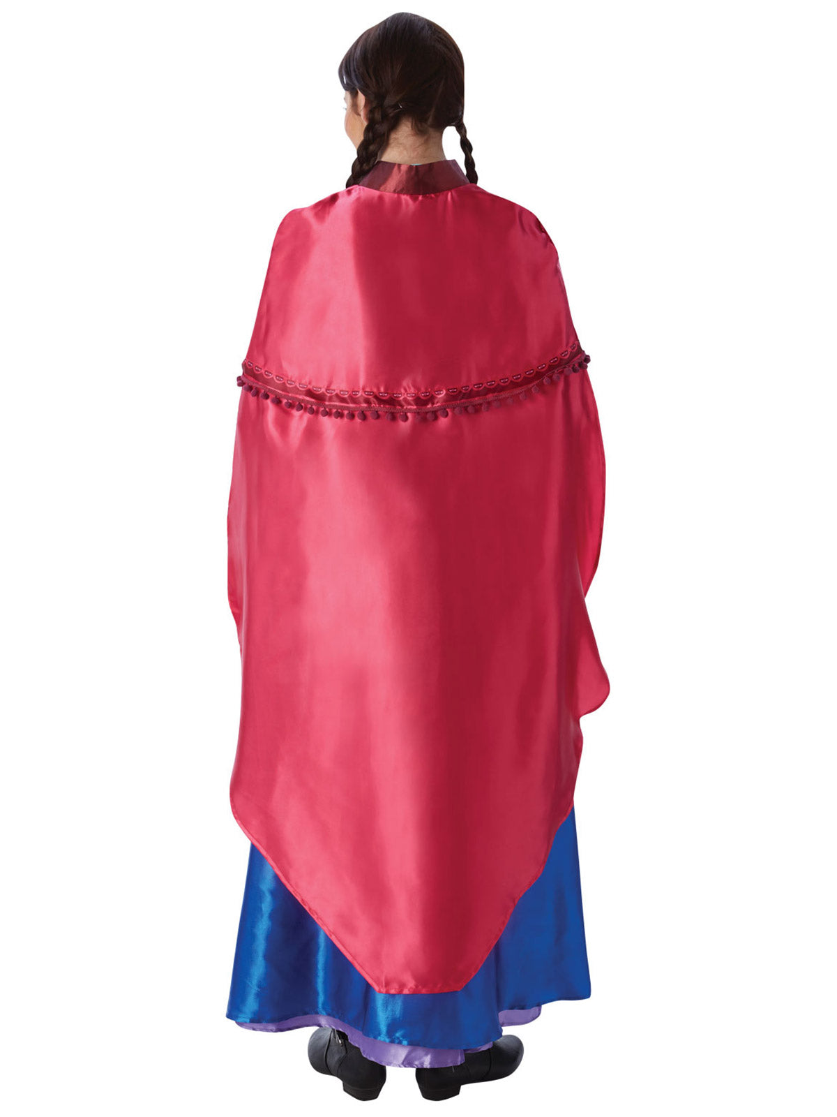 Back of long blue Anna Frozen dress with red cape
