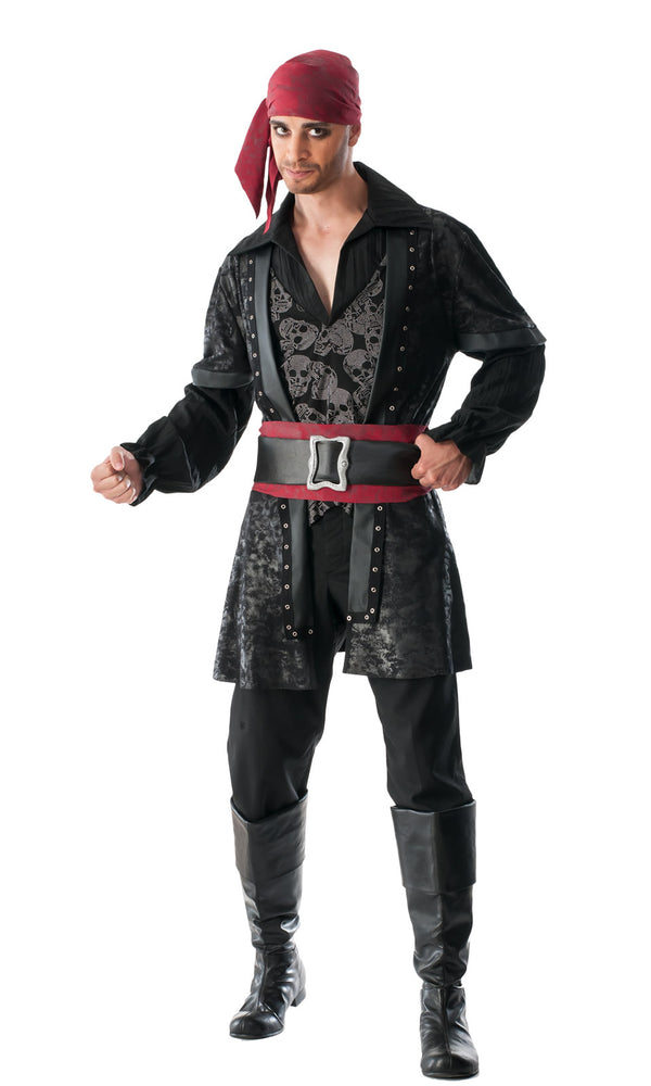 Men's pirate costume in black with red head scarf 