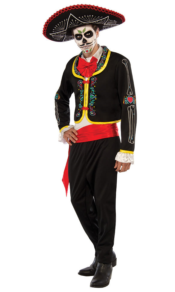Day of the dead black jacket with attached shirt and tie, pants and hat
