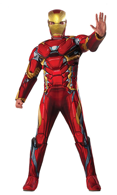 A red and gold men's Iron Man costume shown in a halt gesture
