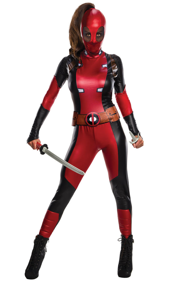 Woman's deadpool jumpsuit and hood with belt