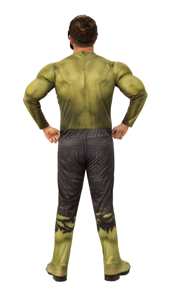 Back of green hulk jumpsuit with padded muscles and moulded mask