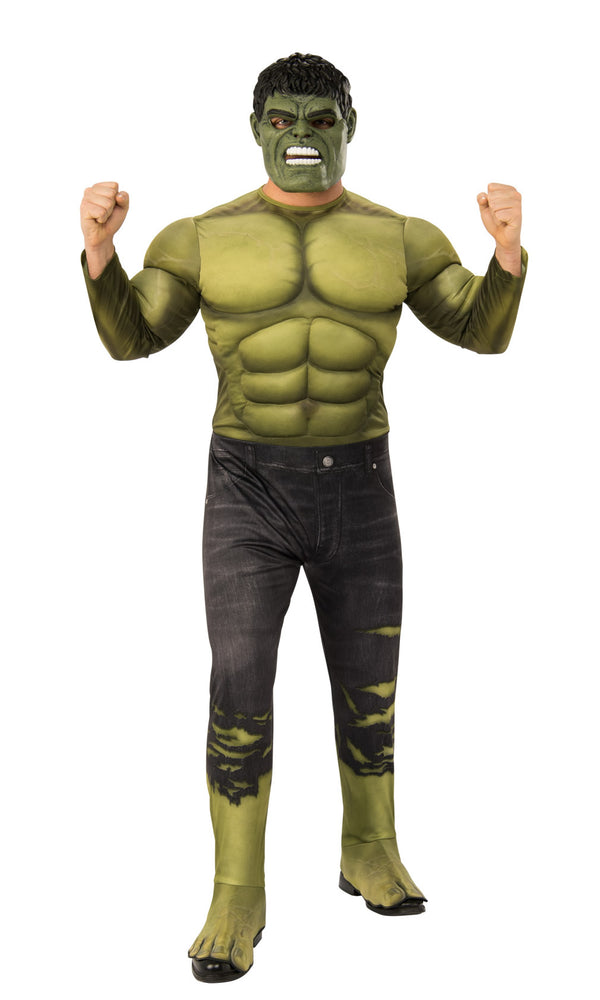 Green hulk jumpsuit with padded muscles and moulded mask