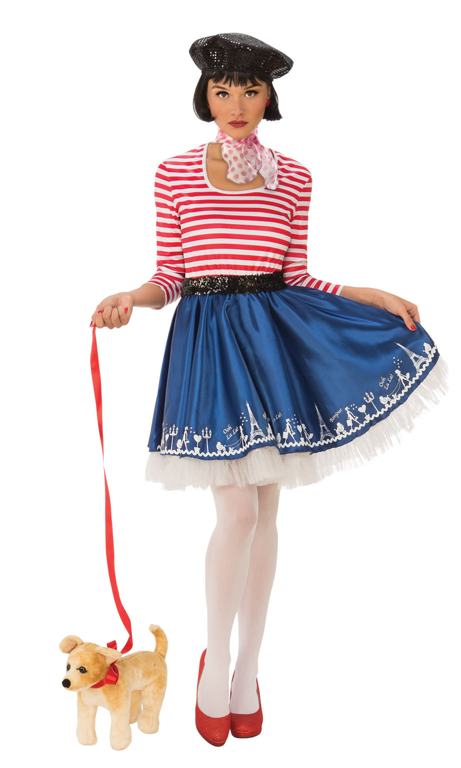 French lady dress with red and white striped dress with black beret and toy dog