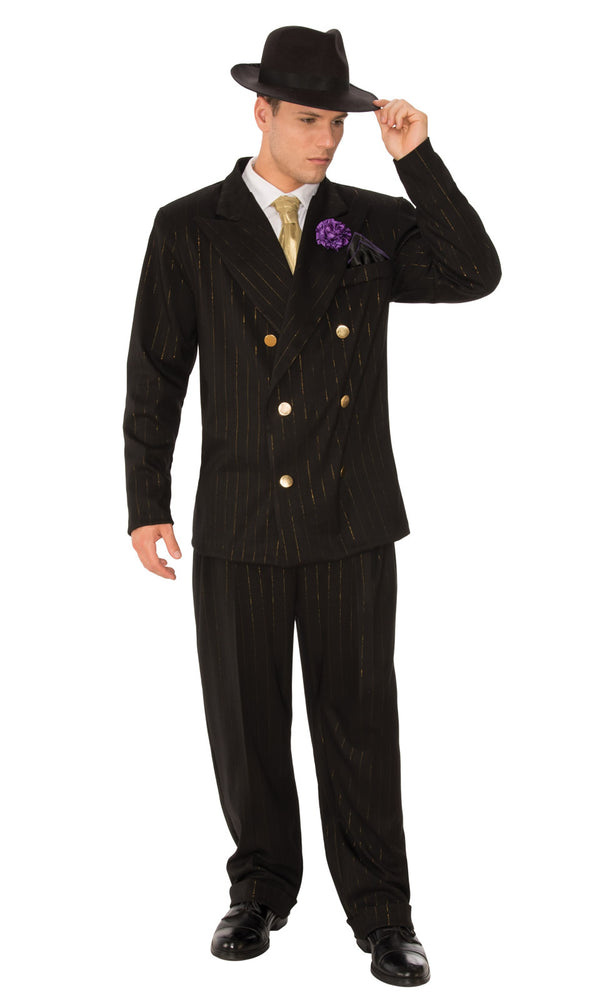 Black gangster jacket and pants with hat, attached purple flower and gold tie