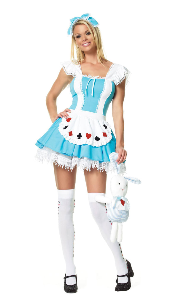 Blue and white Alice dress with playing card apron and headband