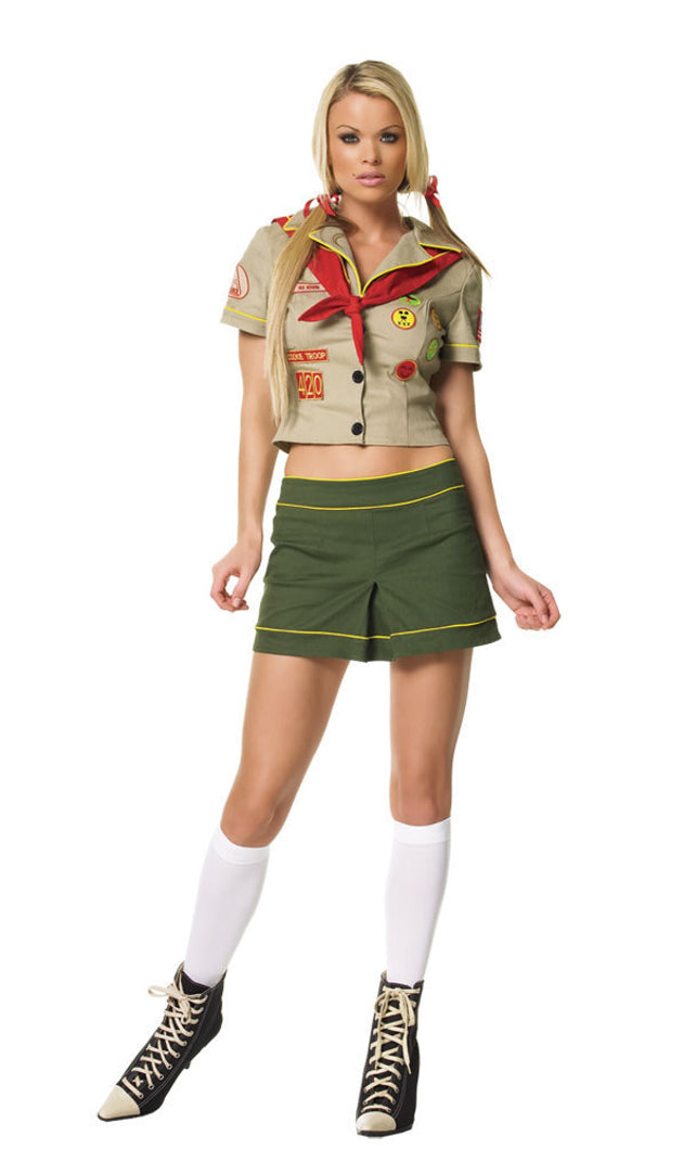Woman's scout uniform with short green skirt, and red scarf