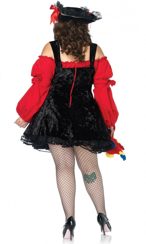 Back of plus size red and black pirate dress with bows