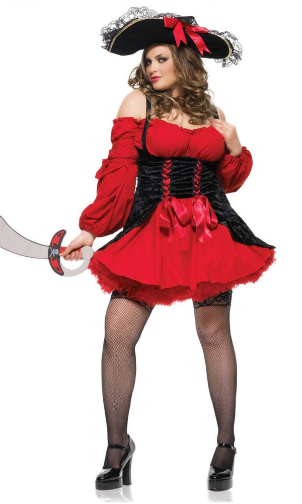 Plus size red and black pirate dress with bows