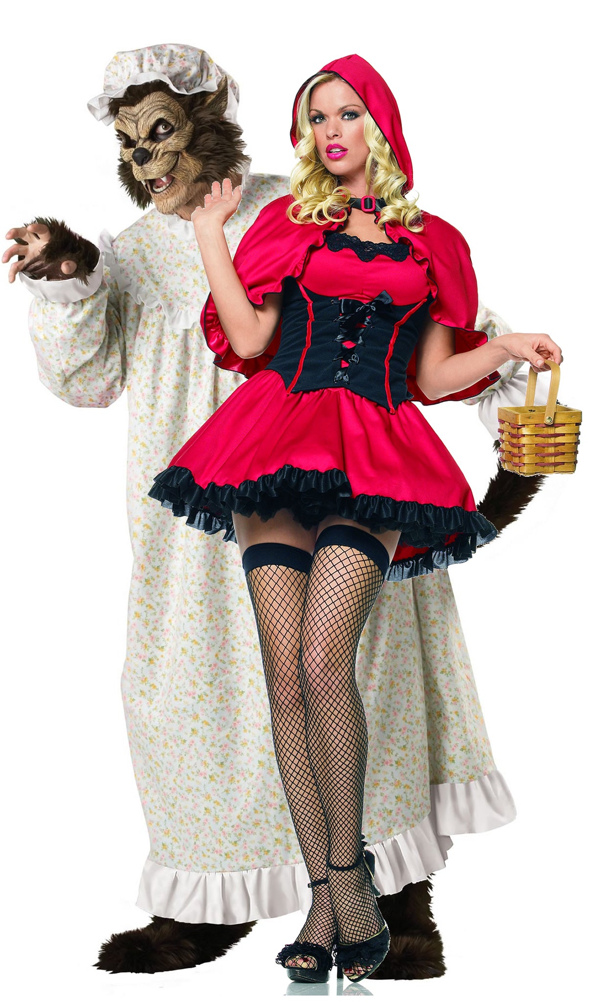 A blonde woman wearing a short red and black Red Riding Hood costume with hood, standing in front of a man in a Big Bad Wolf in pyjamas