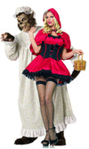 A blonde woman wearing a short red and black Red Riding Hood costume with hood, standing in front of a man in a Big Bad Wolf in pyjamas